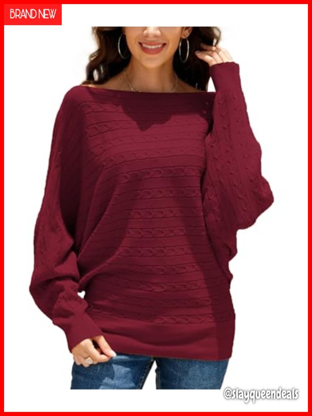 Oversized Boat Neck Cable Knit Dolman Sweater Pullover